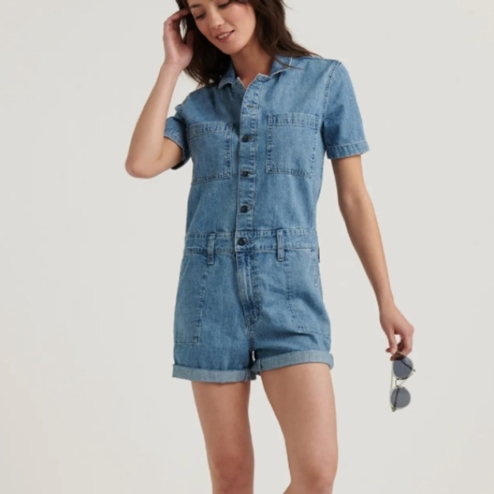 Lucky Brand Women's Denim Surplus Shortall Romper Small Utility Button Front